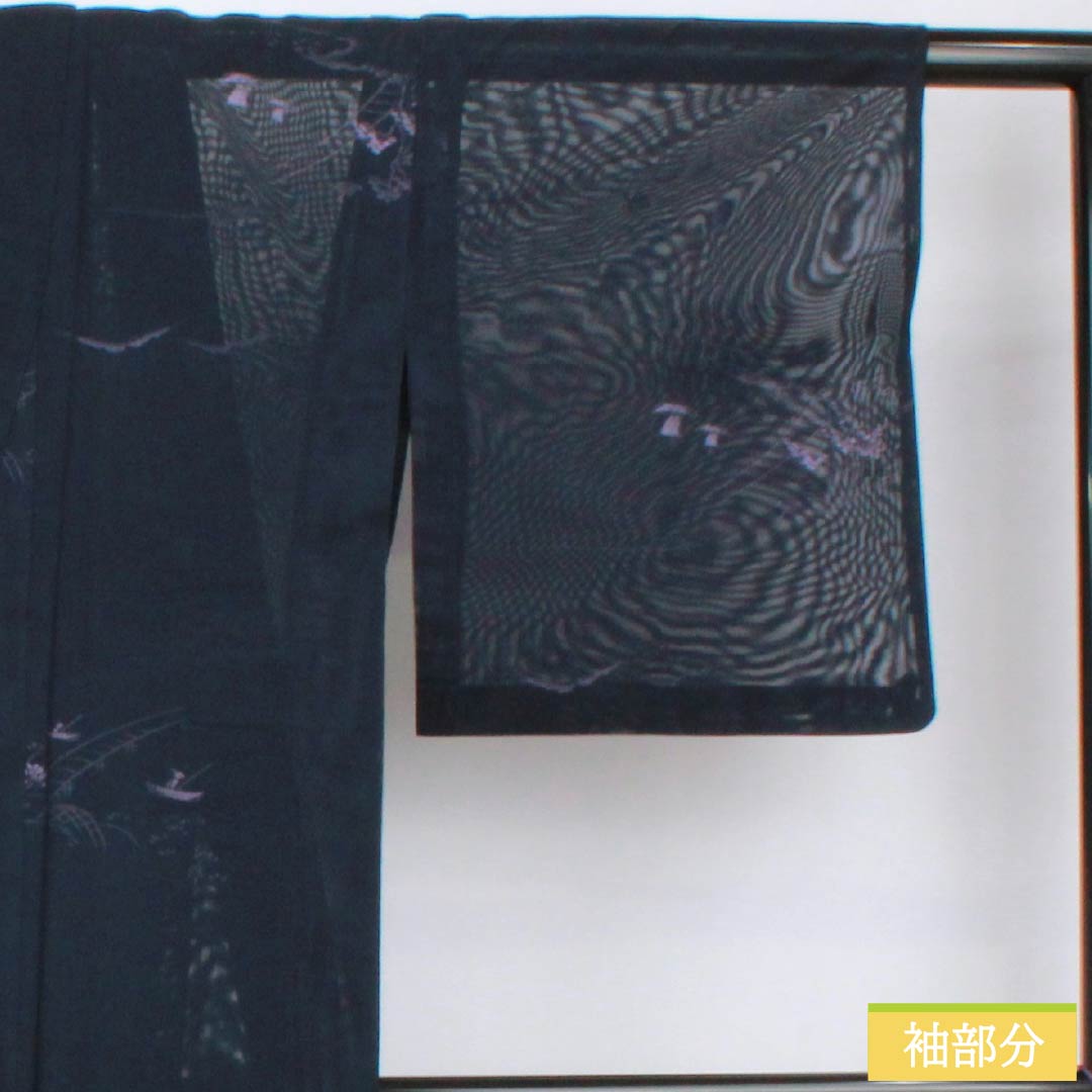 夏物 ポリエステル 小紋 身丈153.5cm 裄丈61.5cm 風景模様 洗える着物 紗 Aランク 紺系 1132002363218