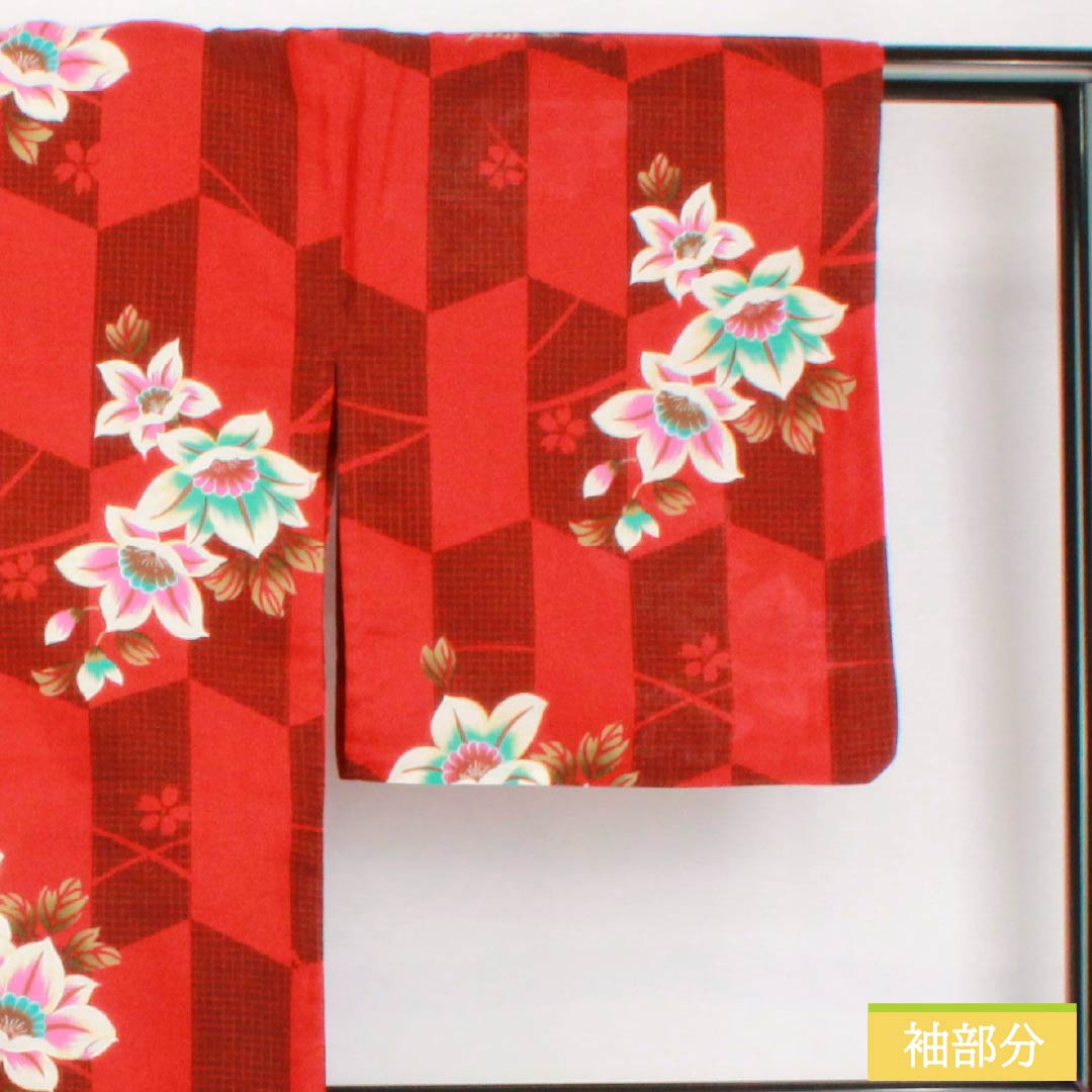 Yukata Cotton Length 165.5cm Sleeve length 67.5cm S rank Single layer Red Reddish red (akabeniiro) Arrow pattern Flower 1118005482512