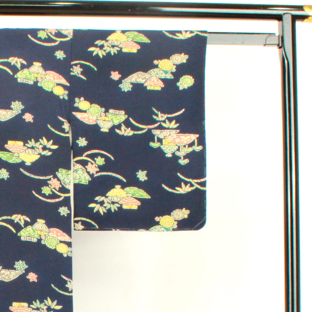 小紋 身丈155cm 裄丈63cm 袷 濃紺色 型染 正絹 Aランク 紺系 1115002983318