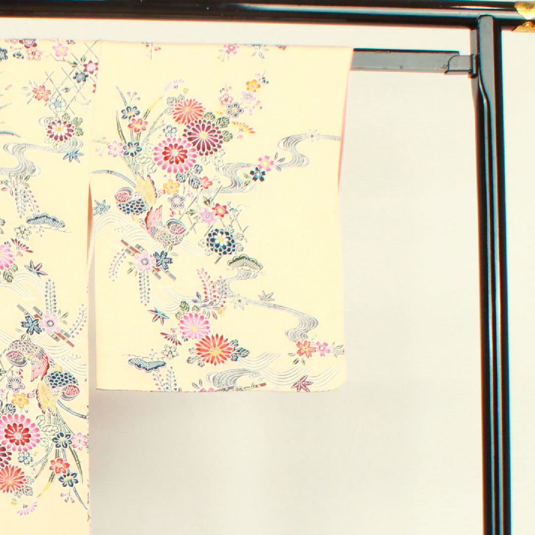 小紋 身丈163cm 裄丈66cm 袷 しつけ糸付き 未使用品 薄橙色 京紅型 吉祥文様 鴛鴦 正絹 Sランク ピンク系 1115003452413