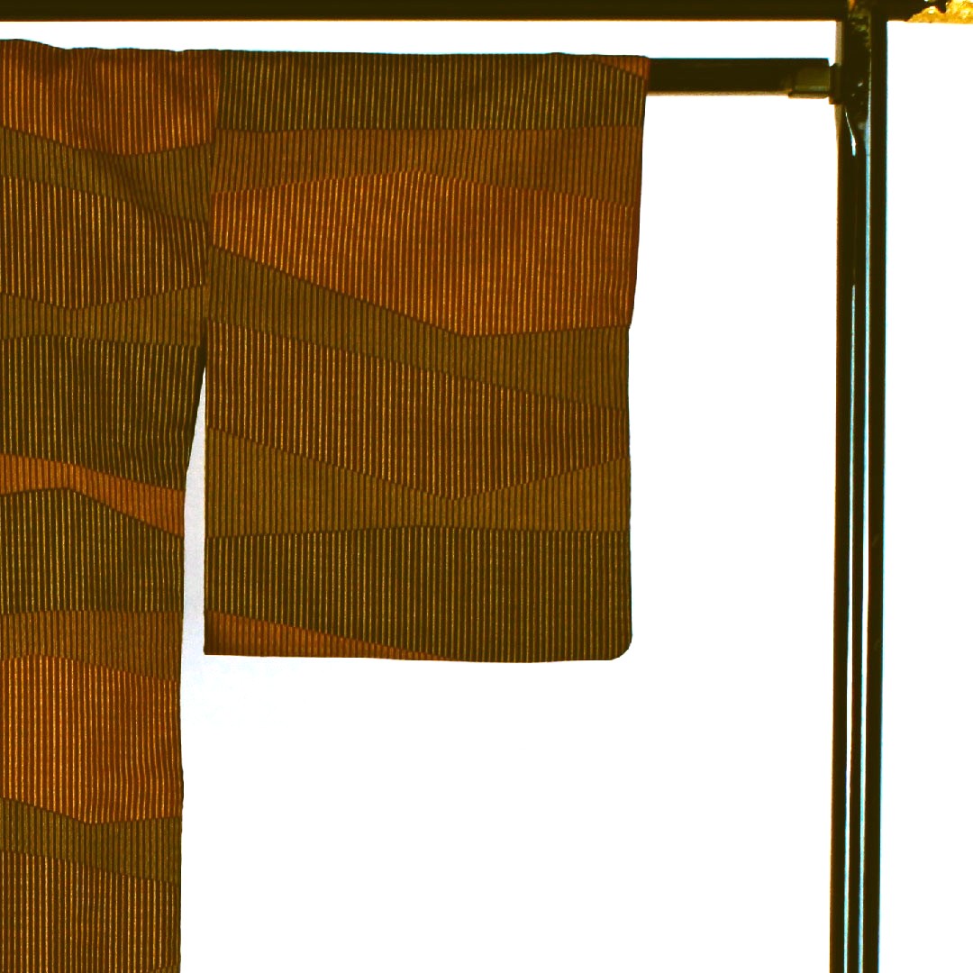 小紋 身丈168.5cm 裄丈67cm 袷 縞模様 洗える着物 ポリ Sランク 茶系 1115000972414