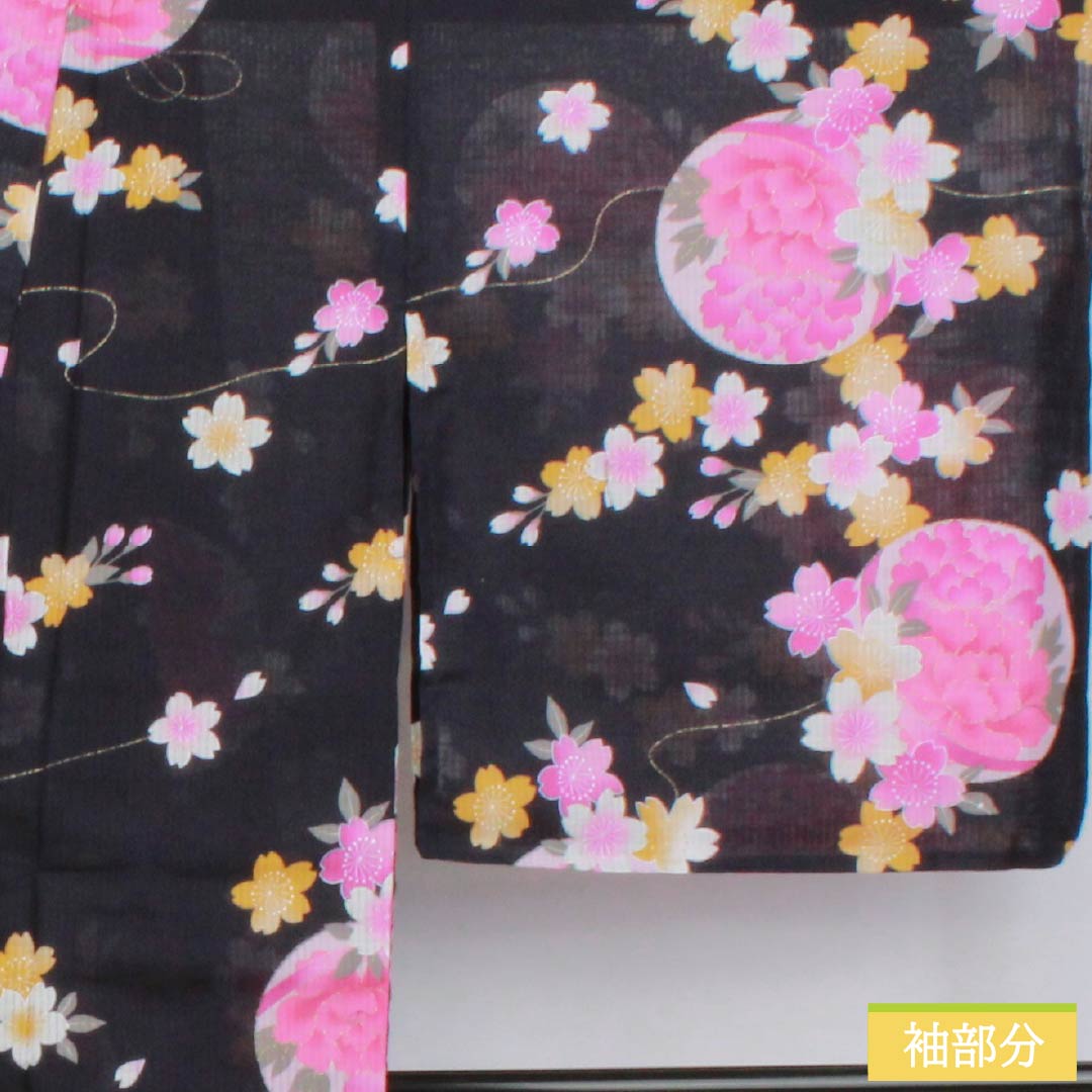 Cotton Yukata, Length 178.5cm, Sleeve Length 69cm, S Rank, Single Layer, Navy Blue/Brown (Kachiiro), Flowers and Cherry Blossoms, 1118006712818