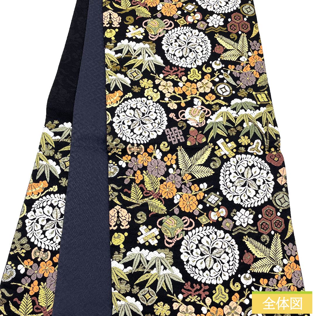 袋帯 正絹 黒色 宝尽くし 松竹梅 古典柄 帯丈443cm Sランク 六通 セミフォーマル 黒系 1123010842310