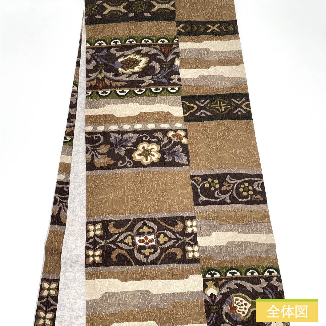 袋帯 正絹 団栗色(どんぐりいろ) リバーシブル 花唐草 幾何学模様 帯丈448cm Sランク 全通 カジュアル 茶系 1123012462314