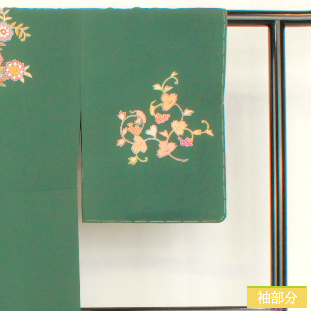 訪問着 正絹 袷 身丈160cm 裄丈63.5cm 柚葉色(ゆばいろ) 京友禅 更紗模様 Sランク 緑系 1112005052419