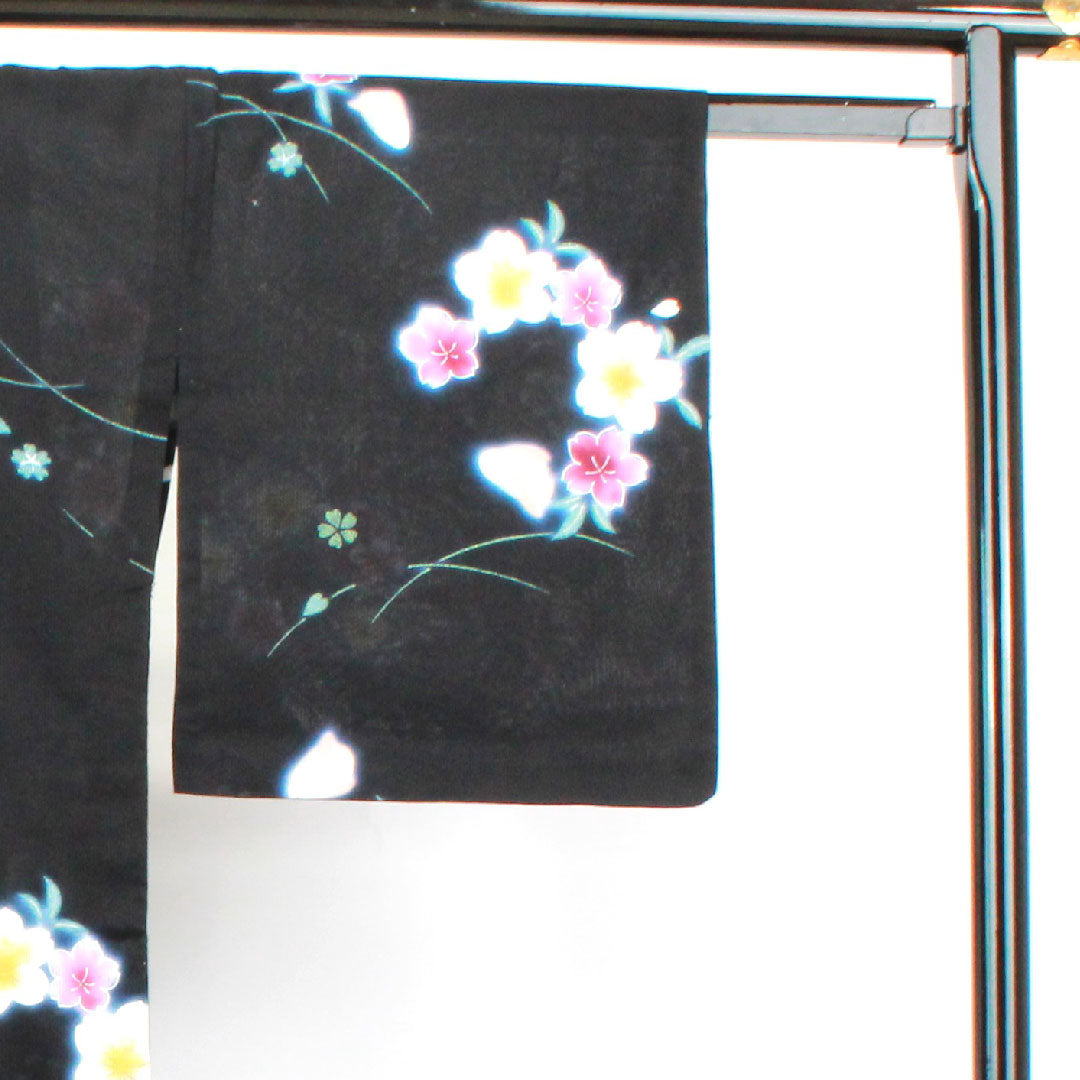 浴衣 桜 木綿 Sランク 単衣 身丈168cm 裄丈67.5cm 黒系 1118002092510