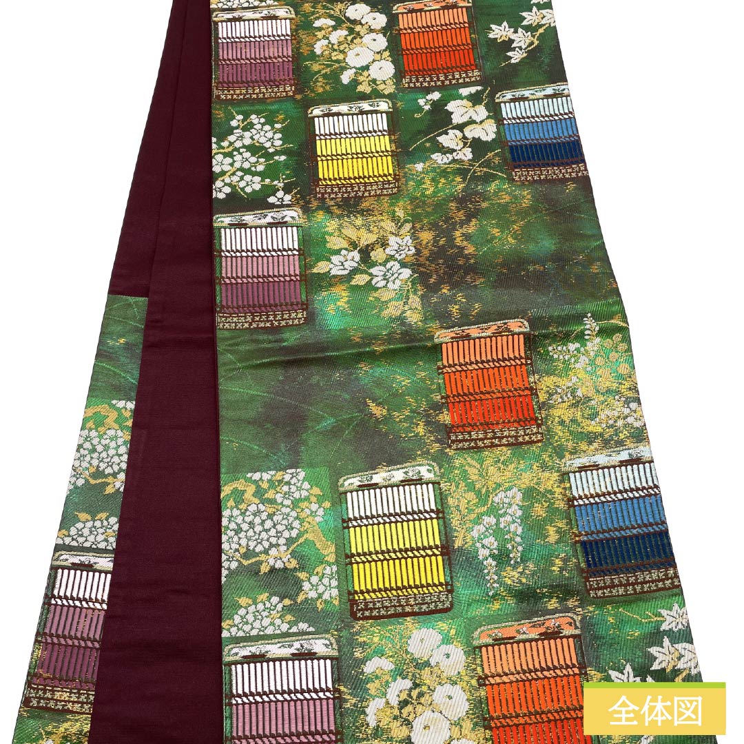 Fukuro Obi (Biroudo-iro) Silk, Plum, Ivy, Wisteria, Cherry Blossoms, Length 424cm, A Rank, Six-way, Formal, Green, 1123012113319