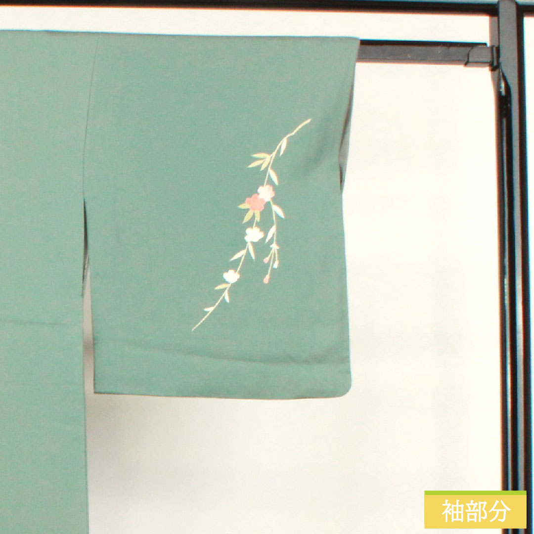 Homongi, pure silk, lined, length 156cm, sleeve length 65.5cm, rust celadon color, Kyo-Yuzen, auspicious pattern, A rank, green, 1112003673319