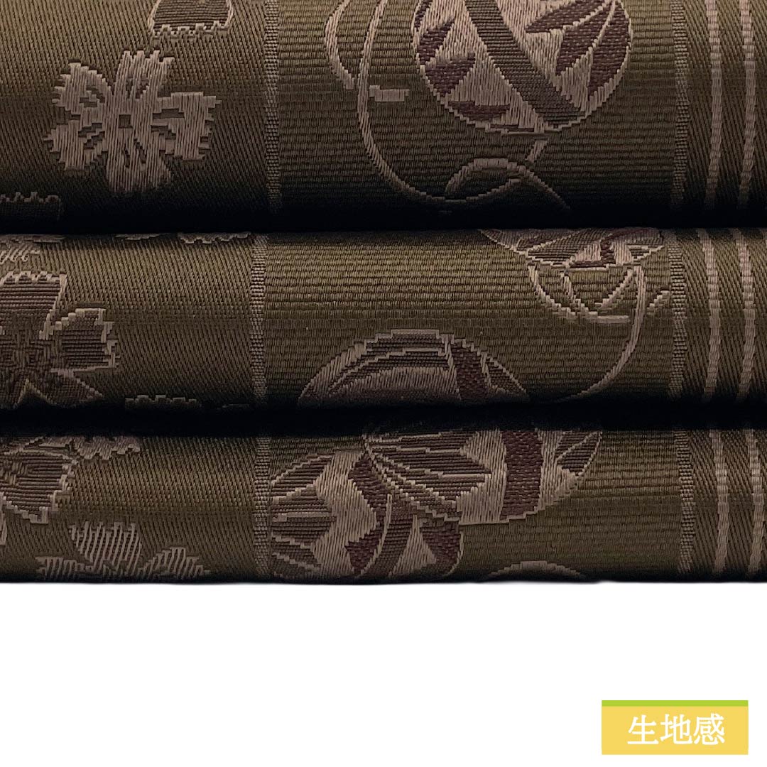 (新品)半幅帯 ポリエステル NEWランク 栗色(くりいろ) 海老色(えびいろ) 桜 毬 縞 七宝 帯丈394cm 茶系 1125006361314
