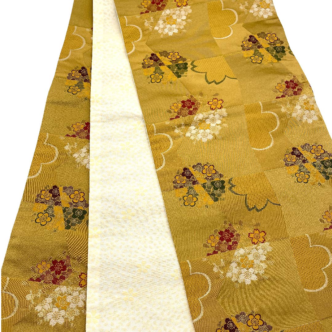 名古屋帯 京袋帯 梅谷渋色 桜 梅 変わり市松 帯丈392cm ポリ Aランク 全通 セミフォーマル 黄系 1124003353323 開き仕立て