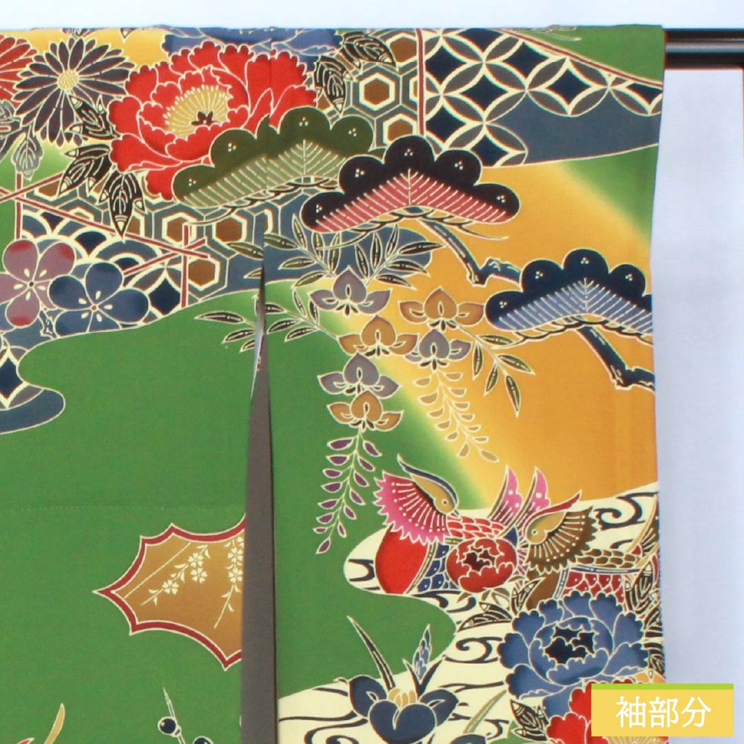 振袖 正絹 Aランク 身丈164.5cm 裄丈69cm 袷 松葉色(まつばいろ) 京紅型 吉祥文様 牡丹 菊 松 緑系 1113002363419