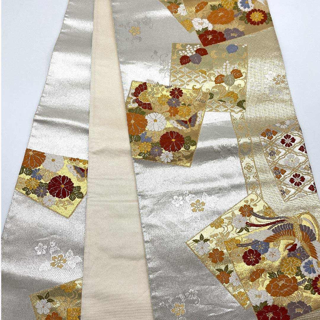 袋帯 灰白色色(かいはくしょくいろ) 全通箔 鳳凰 吉祥文様 帯丈430cm 正絹 Aランク 六通 フォーマル 銀系 1123007513322