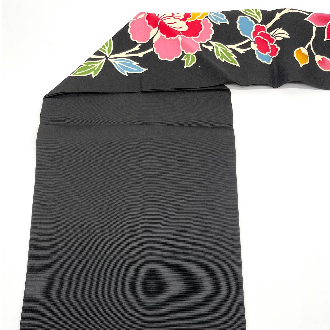 名古屋帯 黒色 型染 草花模様 帯丈370cm 正絹 優品 全通 カジュアル 黒系 1124004323310 名古屋仕立て