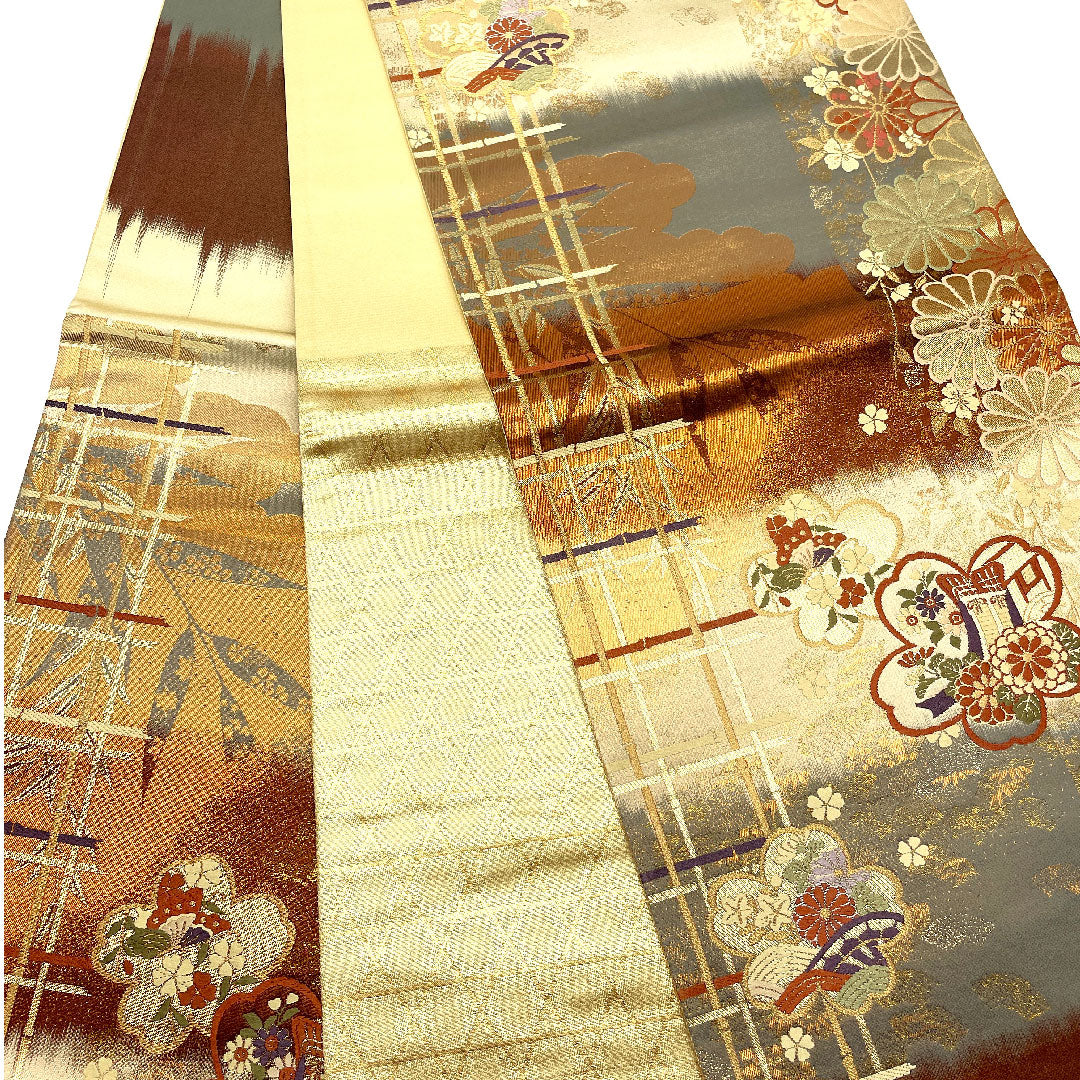 袋帯 引箔 桜 菊 竹 帯丈434cm 正絹 Aランク 六通 フォーマル グラデーション系 1123005303399