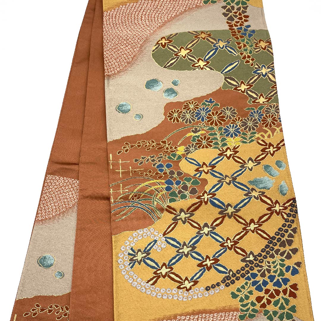 袋帯 弁柄色(べんがらいろ) 白綾苑大庭 藤 七宝 小菊 帯丈430cm 正絹 Sランク 六通 セミフォーマル グラデーション系 1123008662399