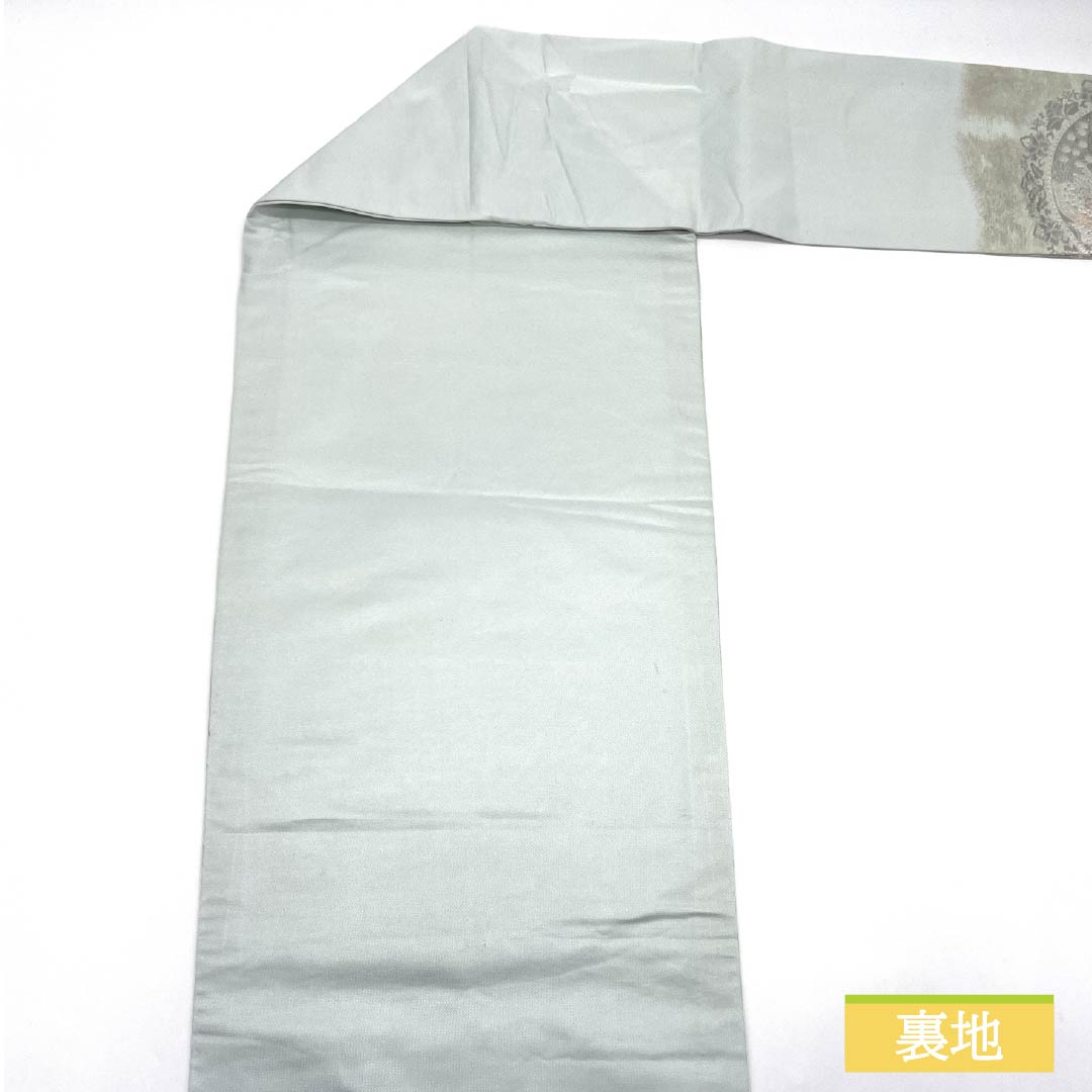 名古屋帯 正絹 Aランク 薄緑色(うすみどりいろ) 引箔 プラチナ箔 華紋 帯丈350cm ポイント柄 セミフォーマル 水色系 1124010713324 名古屋仕立て