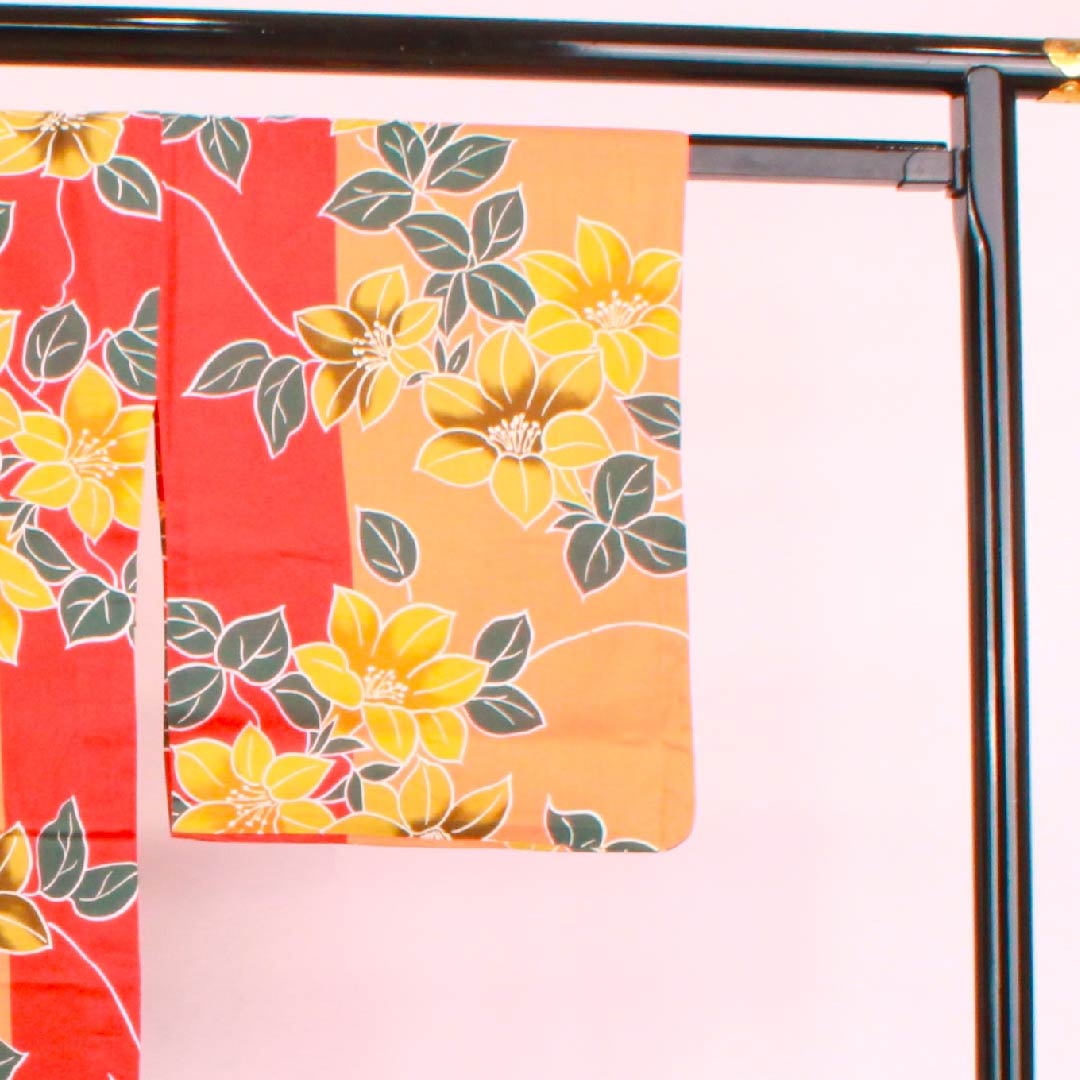 浴衣 黄丹色 ツツジ 木綿 Aランク 単衣 身丈162cm 裄丈66.5cm 朱系 1118004223416