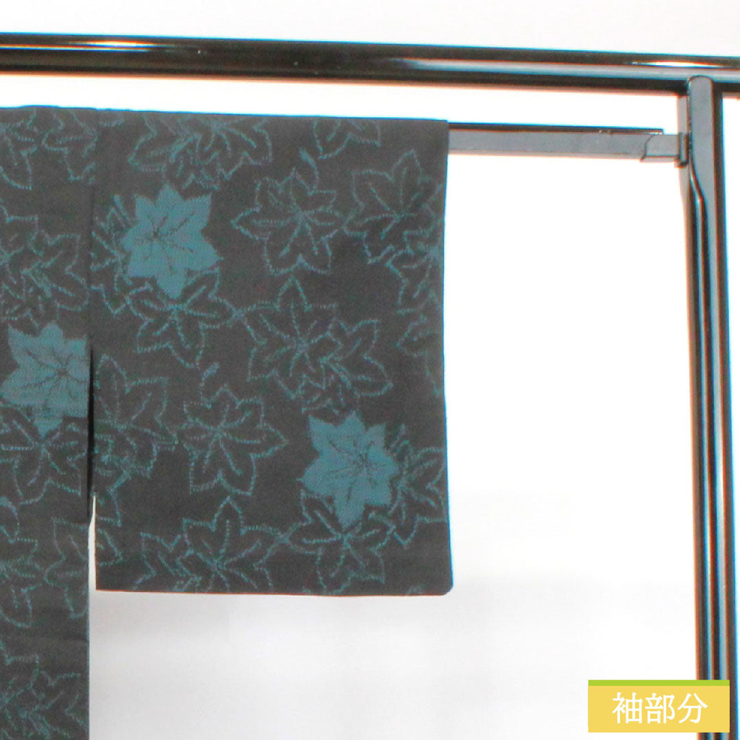 紬 正絹 身丈151.5cm 裄丈62cm 紅葉 Aランク 単衣 黒系 1116003153210