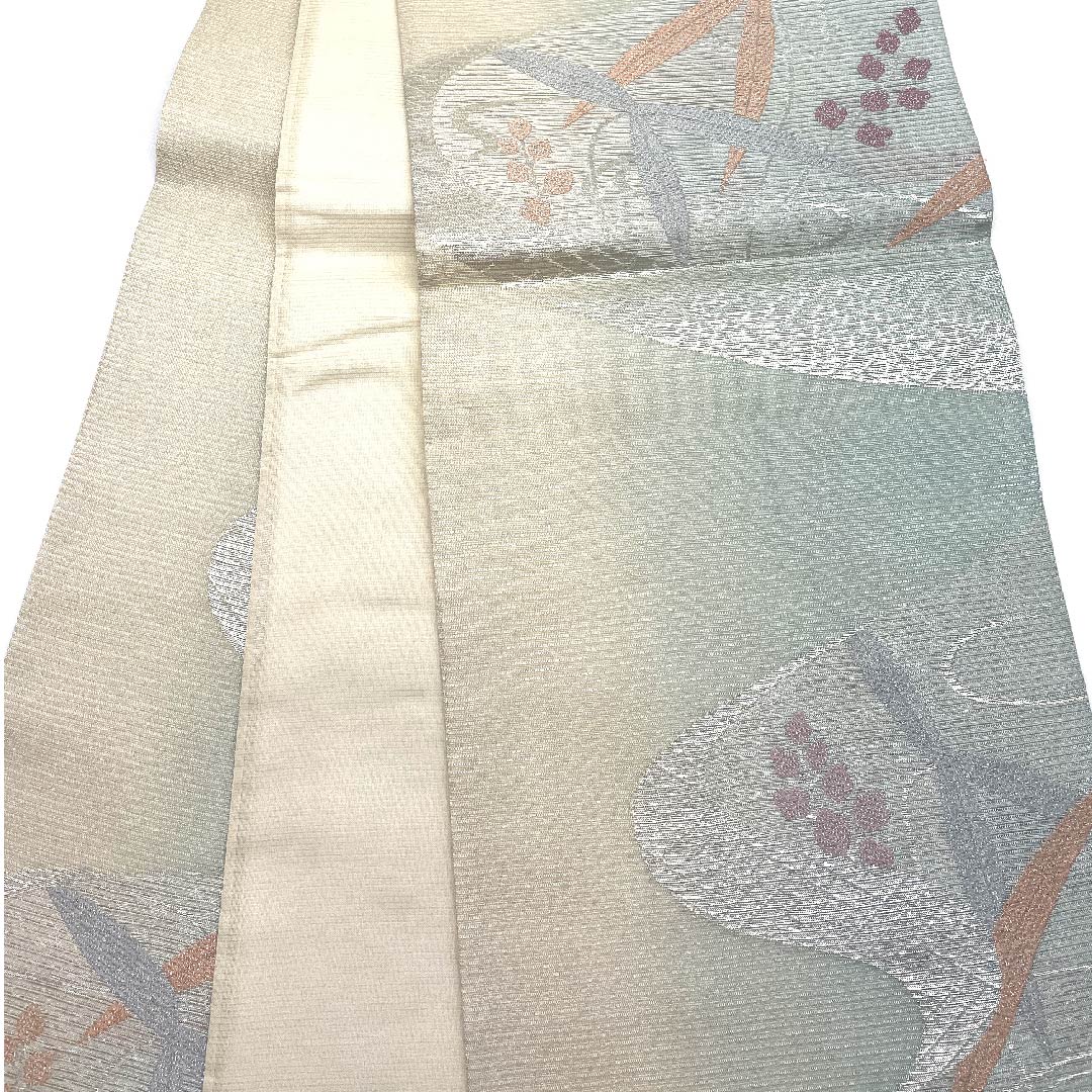 袋帯 薄水色(うすみずいろ) 夏帯 生成り色 花模様 流水 帯丈440cm 正絹 Aランク 六通 フォーマル 青系 1123007303317