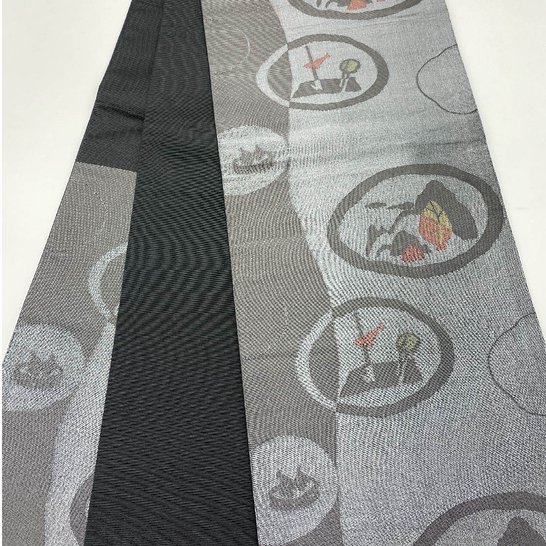 名古屋帯 京袋帯 具墨色 抽象模様 帯丈380cm ポリ Aランク 六通 セミフォーマル グレー系 1124003303322 開き仕立て
