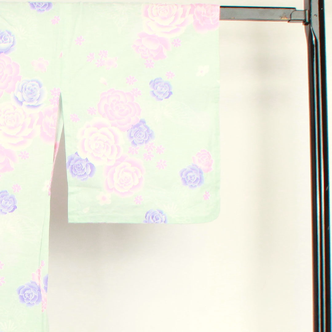 浴衣 藍白色 薔薇 桜 蝶 木綿 Aランク 単衣 身丈158.5cm 裄丈63.5cm 青系 1118001113317