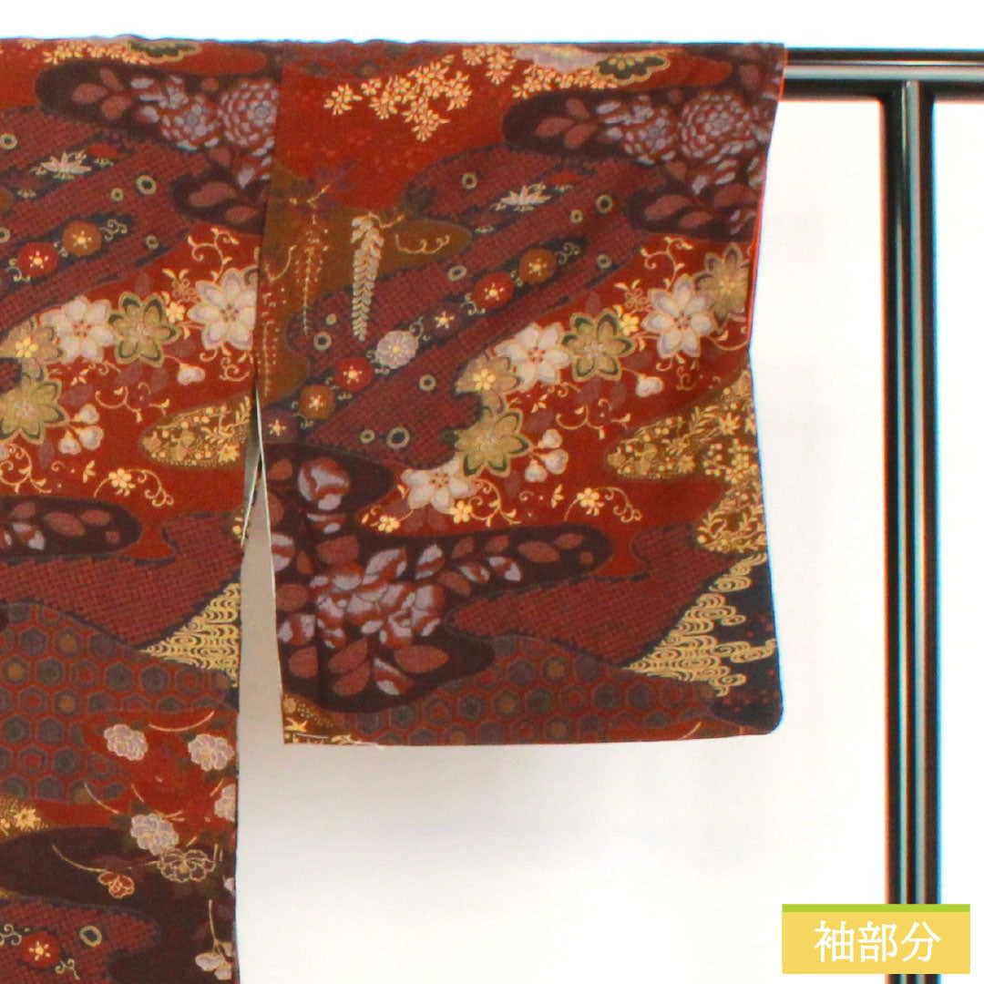 小紋 正絹 Sランク 身丈164.5cm 裄丈64.5cm 袷 小豆茶色(あずきちゃいろ) 辻ヶ花 ザ・スーパーシルク スコッチガード加工 茶系 1115007632414