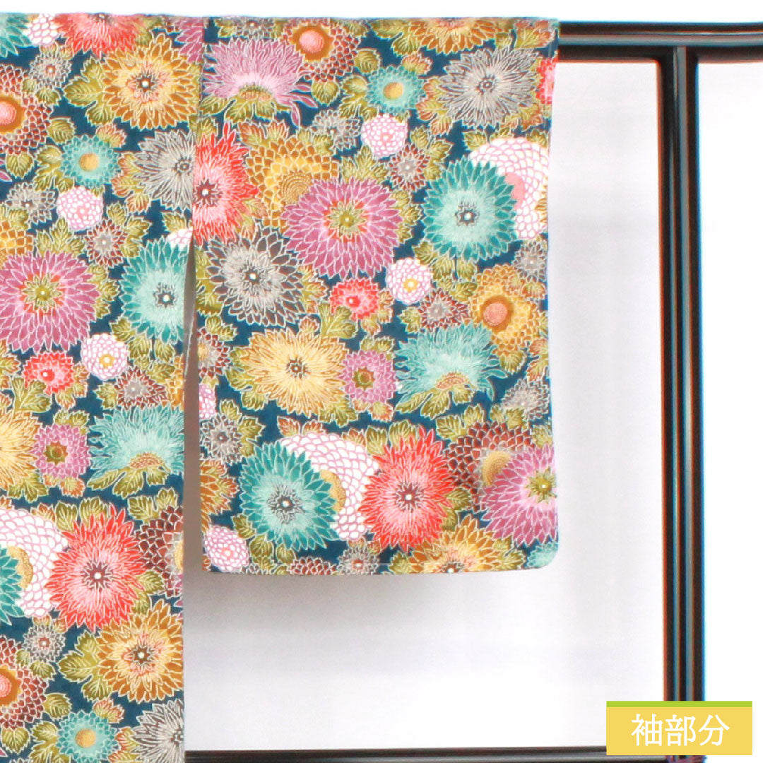 小紋 ポリエステル 身丈161.5cm 裄丈62cm 袷 青藍色(せいらんいろ) 洗える着物 菊 しつけ糸付き Sランク 紺系 1115004522418