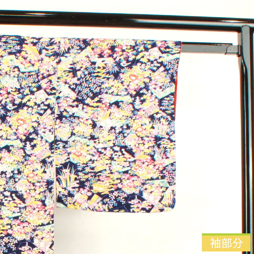 小紋 正絹 身丈157cm 裄丈64cm 袷 紺桔梗色 草花模様 茶屋辻 Sランク 紺系 1115003632318