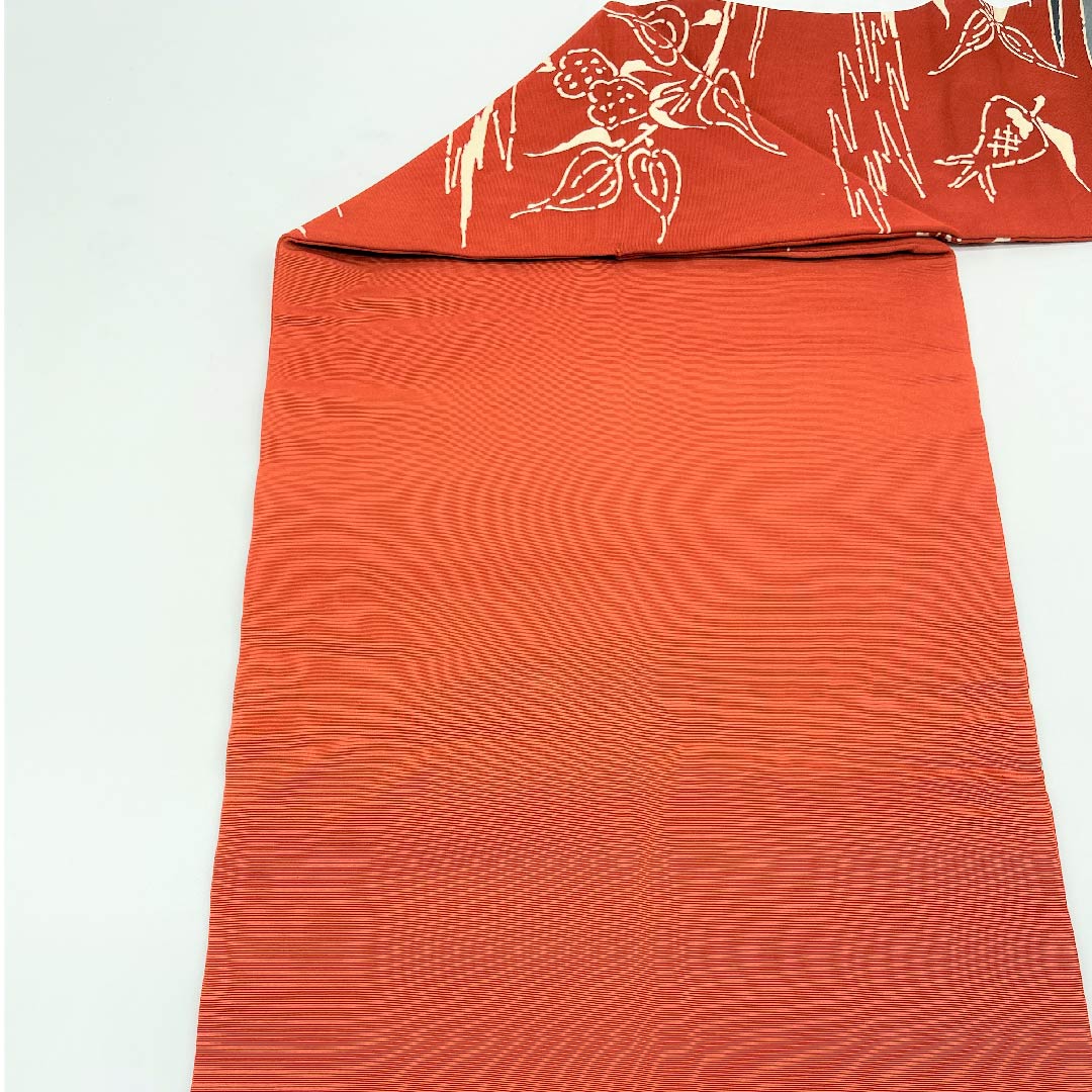 名古屋帯 紅鳶色 蝶 草花模様 帯丈349.5cm 正絹 Bランク 全通 カジュアル 朱系 1124003024316 名古屋仕立て