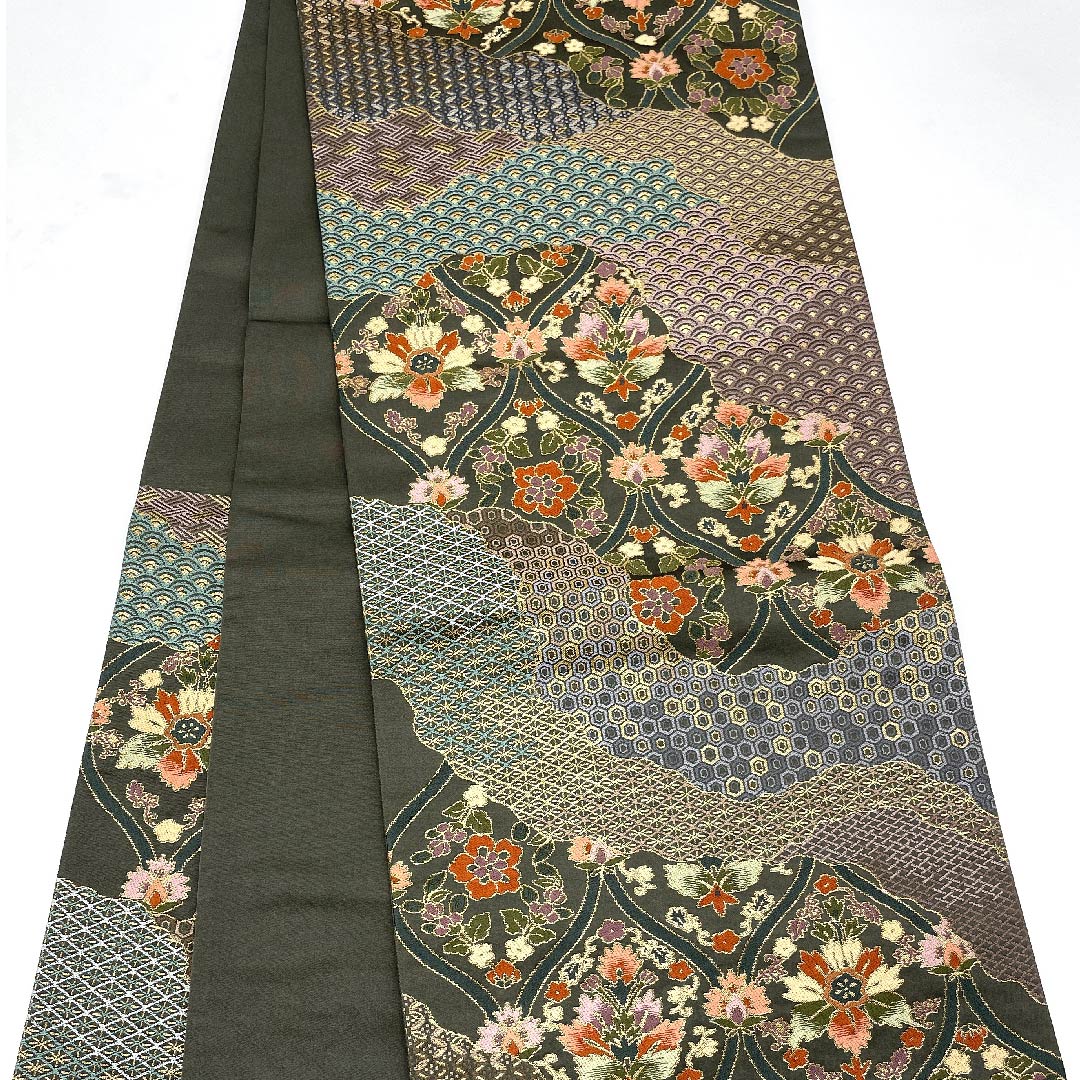 Fukuro Obi Black Oak Color (Kuro Tsurubamiiro) Tachiwaku Seigaiha Tortoise Shell Shirayaen Oba Obi Length 440cm Pure Silk A Rank Six-way Formal Green 1123008953319