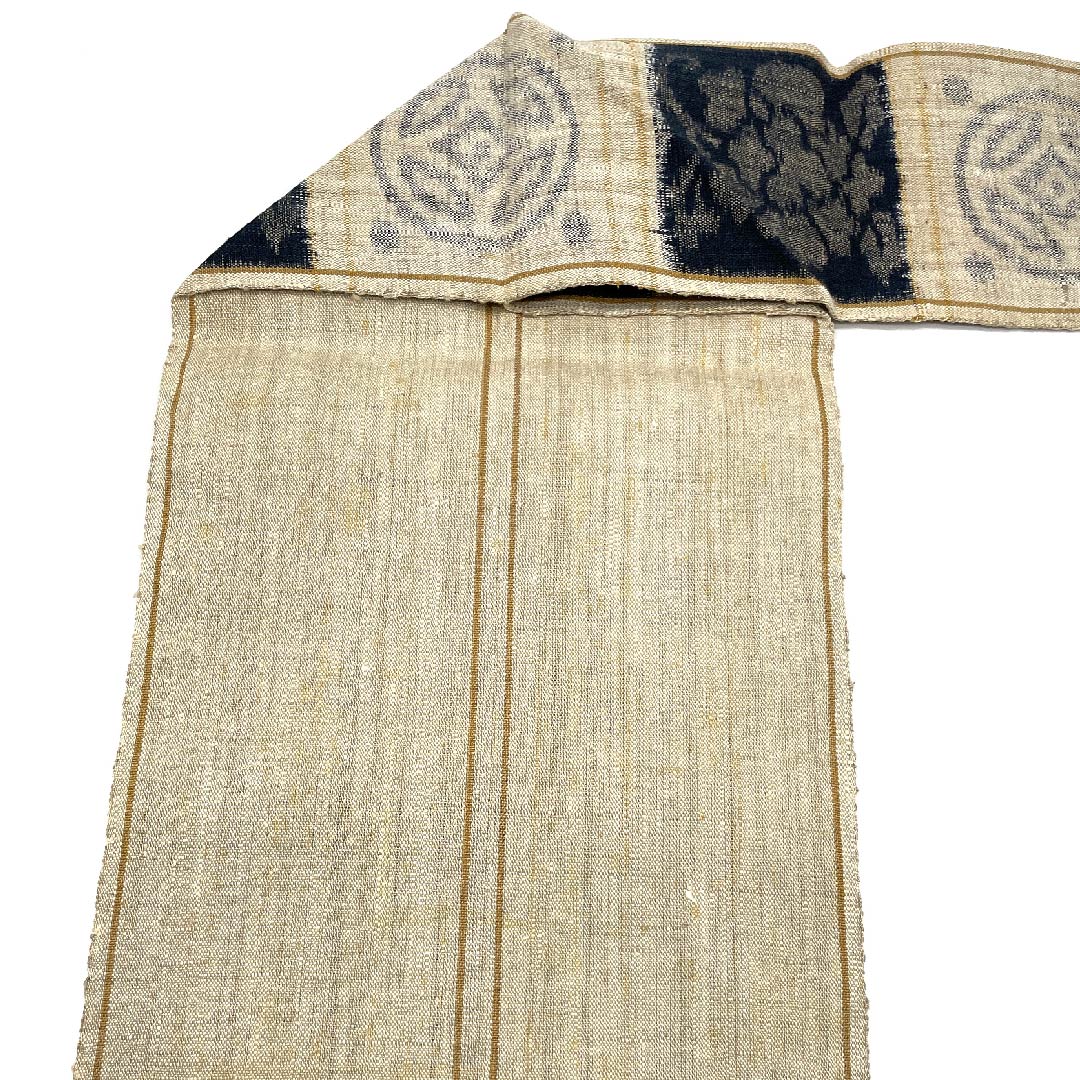 名古屋帯 生成り色 紬地 市松に抽象花と七宝模様 帯丈366cm 正絹 Sランク 六通 カジュアル ベージュ系 1124004922325 名古屋仕立て