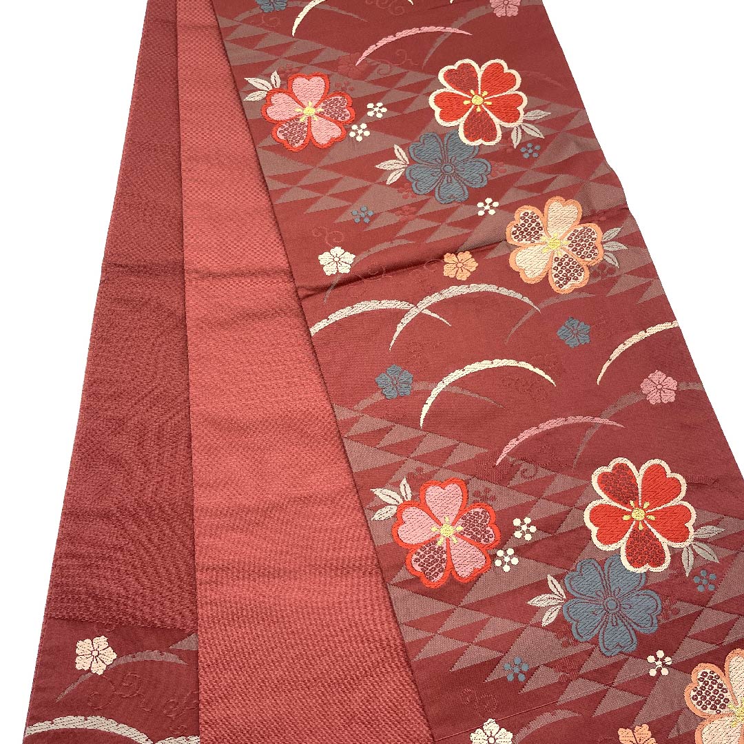 名古屋帯 京袋帯 深緋色 芝草 桜 鱗 唐草 帯丈381cm ポリ Sランク 六通 セミフォーマル 朱系 1124003322316 開き仕立て