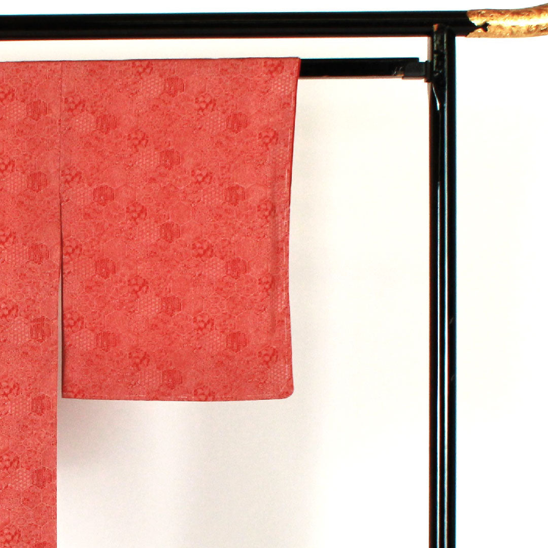 小紋 身丈164cm 裄丈64cm 袷 蝶と孔雀の羽 正絹 Sランク 朱系 1115000572316