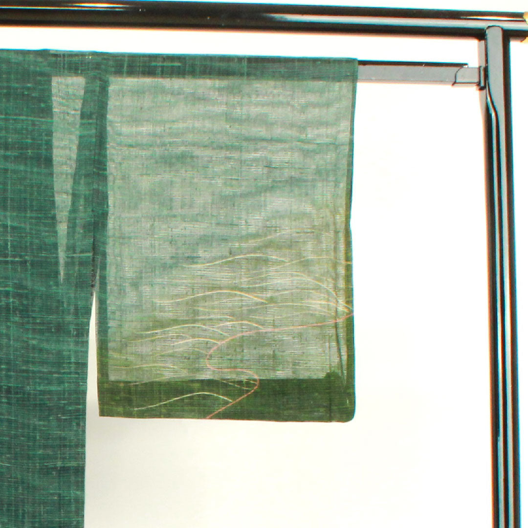 夏物 正絹 訪問着 身丈160cm 裄丈65cm 黒緑色(くろみどりいろ) 抽象模様 紬地 絽 Sランク 緑系 1132000572419