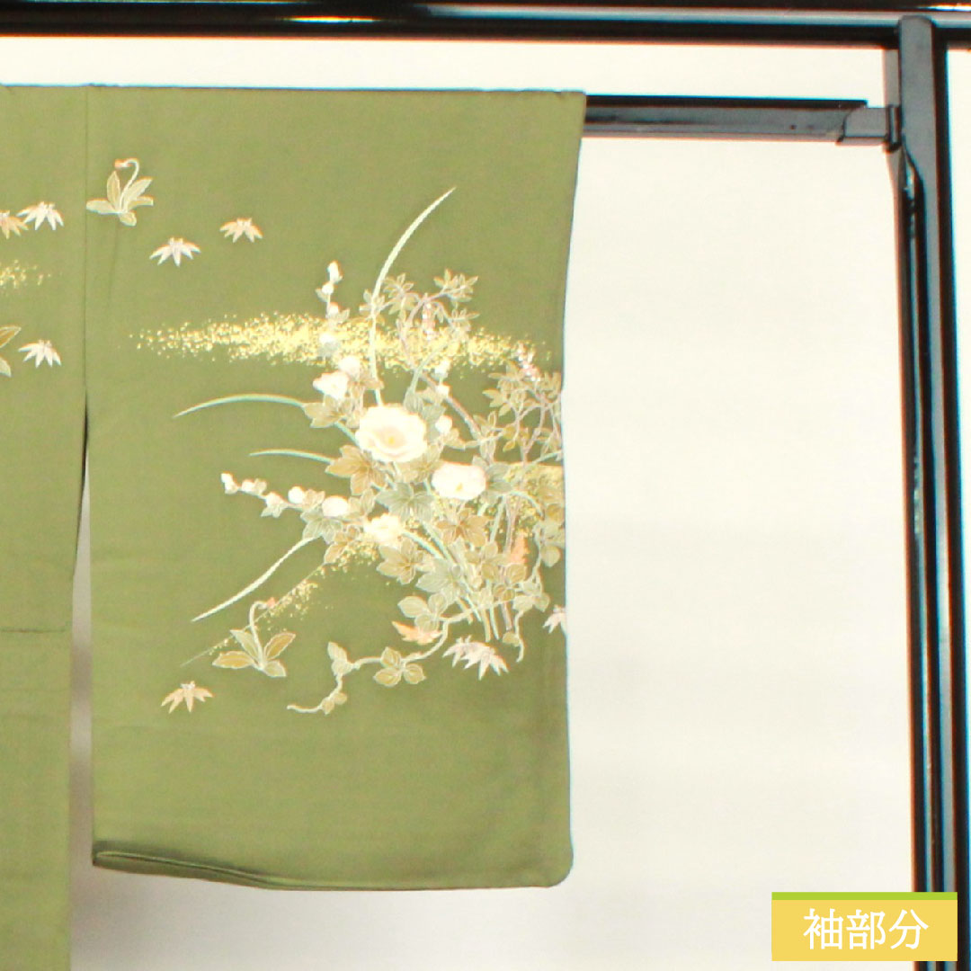 Homongi, pure silk, lined, length 164.5cm, sleeve length 65.5cm, turtle dove color, Kyoto yuzen, floral pattern, S rank, green, 1112004722419