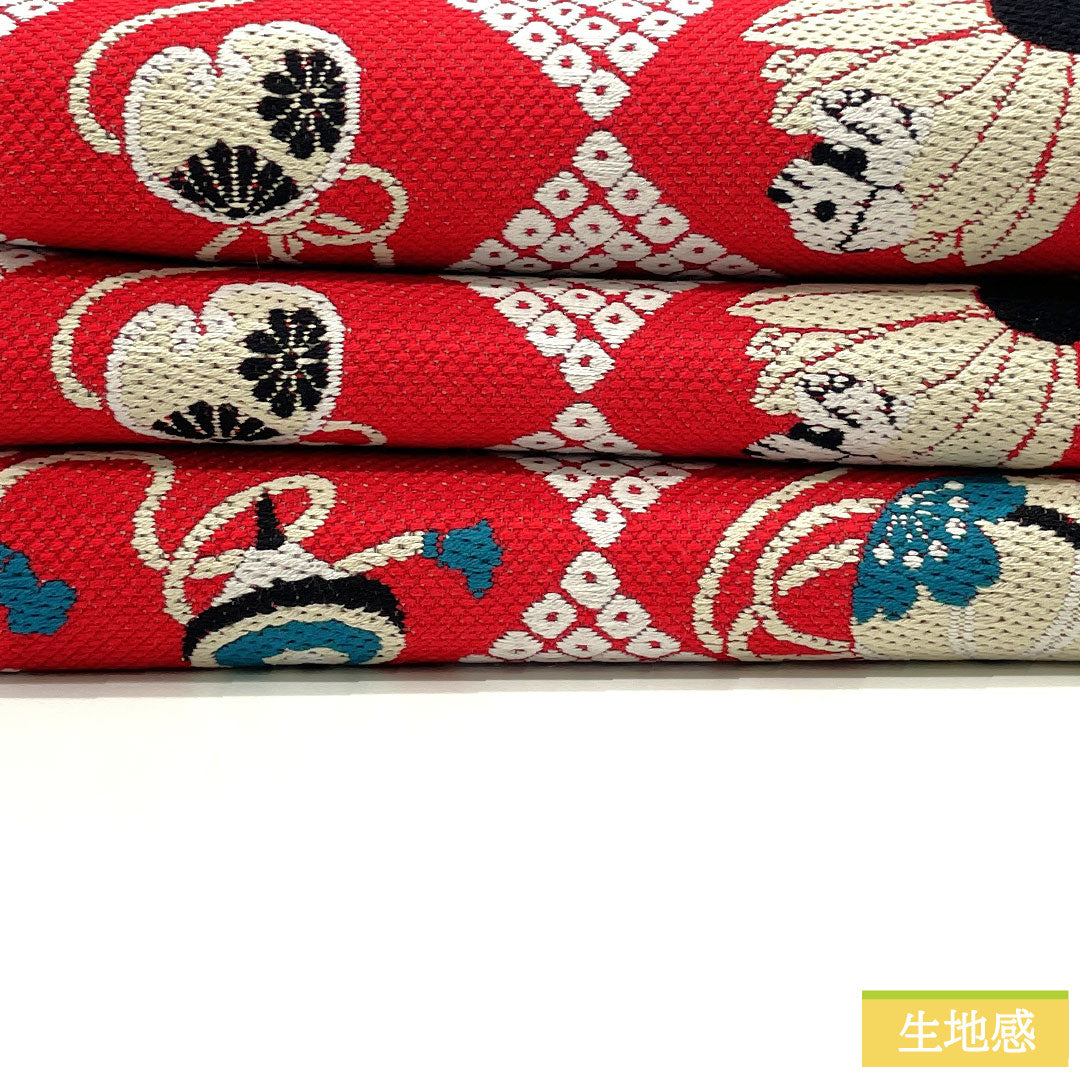 (新品未使用品)半幅帯 正絹 NEWランク 赤紅色(あかべにいろ) 菱型に玩具 犬の足跡 リバーシブル 全通 帯丈453cm 赤系 1125002261412