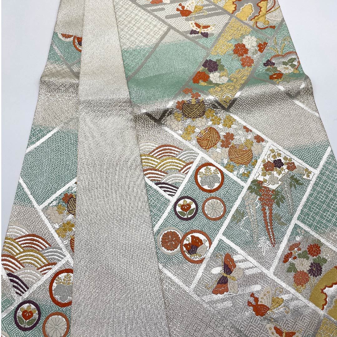 (未仕立)袋帯 銀色 扇面 青海波 花模様 帯丈439cm 正絹 Sランク 六通 フォーマル 銀系 1123005952322