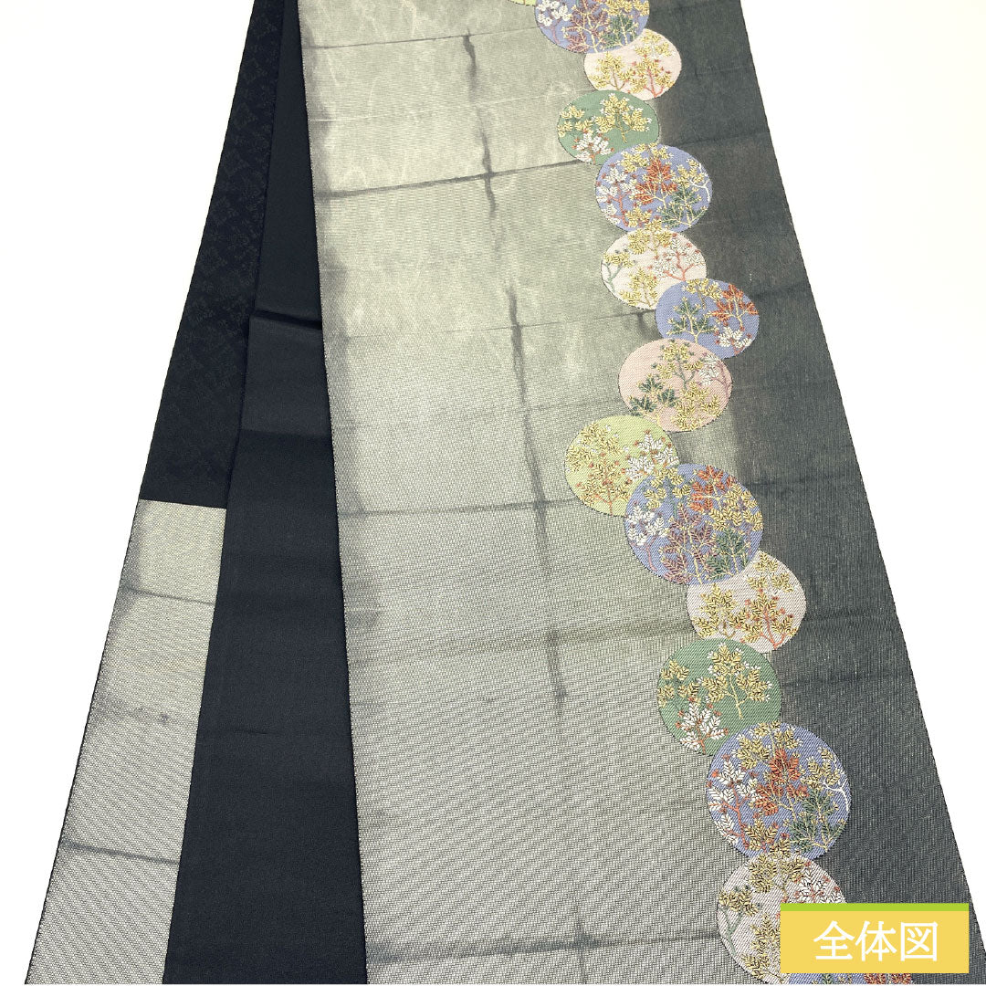 袋帯 正絹 Sランク 薄鼠色(うすねずいろ) 西陣織 引箔 丸輪に草花模様 帯丈440cm 六通 セミフォーマル グレー系 1123017022322