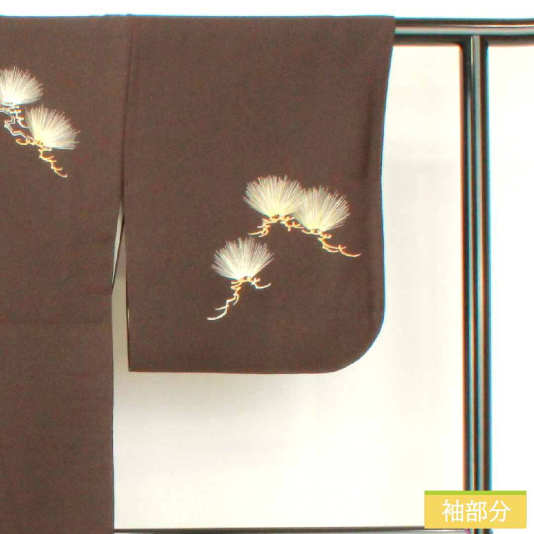 訪問着 正絹 袷 身丈161cm 裄丈65.5cm 茶黒色(ちゃぐろいろ) 京友禅 松 一つ紋 丸に木瓜 Aランク 茶系 1112005033414