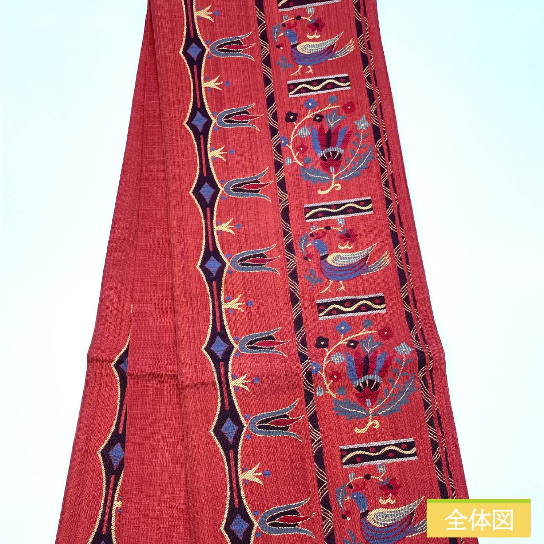 袋帯 正絹 生臙脂色(しょうえんじいろ) 鳥 抽象花 帯丈436cm Sランク 六通 カジュアル 赤系 1123012352312