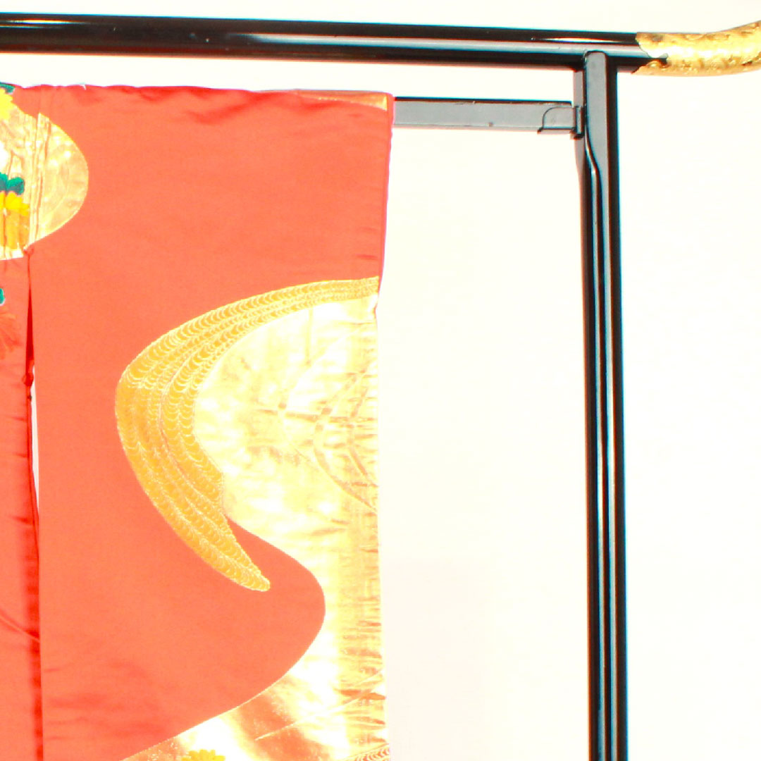 色打掛 身丈194cm 銀朱色 刺繡 孔雀 花車 正絹 Sランク 袷 朱系 1110000252916