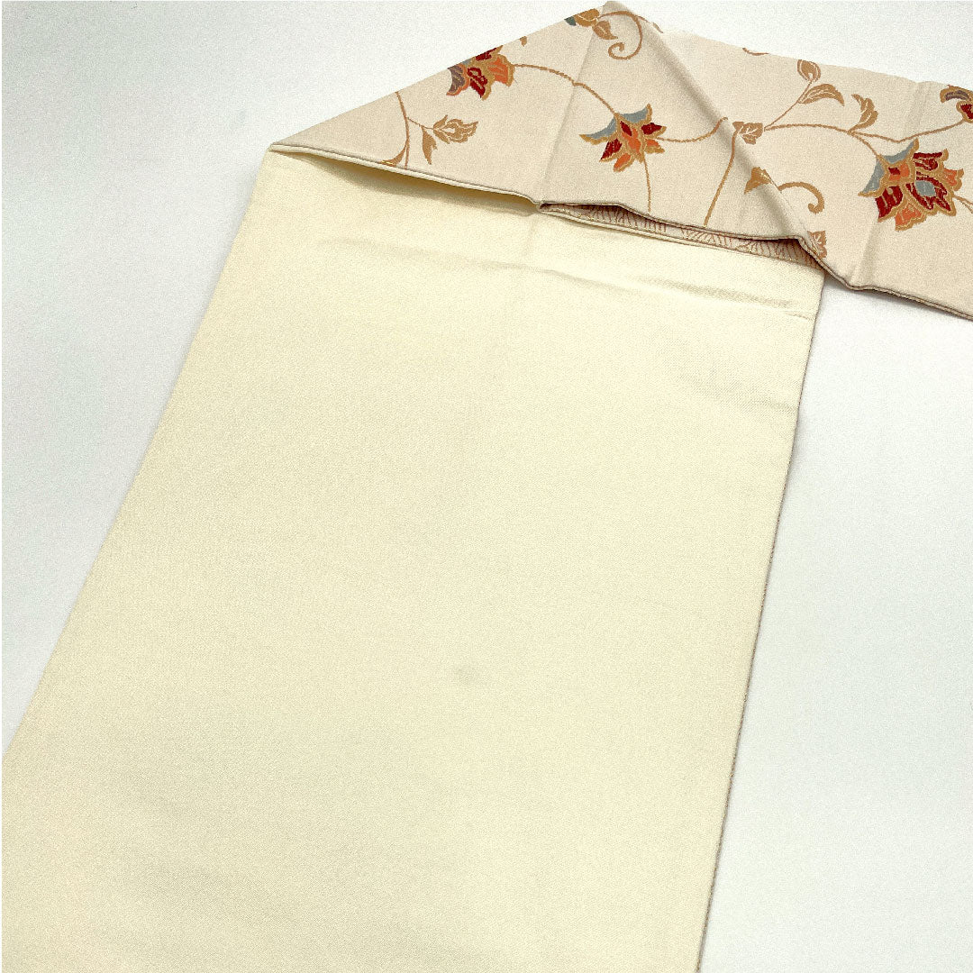 名古屋帯 唐花模様 帯丈361cm 正絹 Aランク 六通 セミフォーマル クリーム系 1124001523315 名古屋仕立て