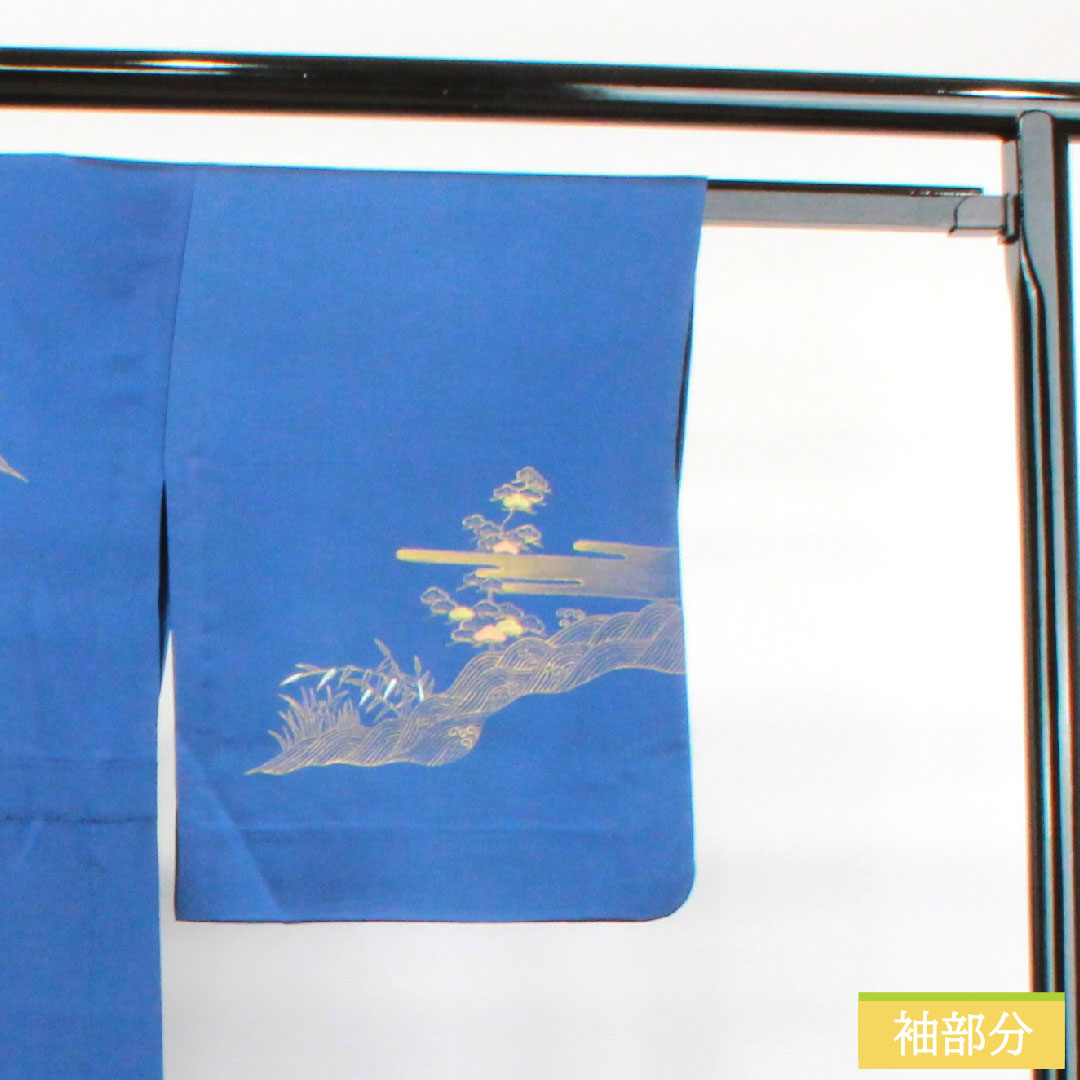訪問着 正絹 単衣 身丈154.5cm 裄丈63.5cm 濃桔梗色 金彩加工 草花模様 Sランク 紺系 1112003352218