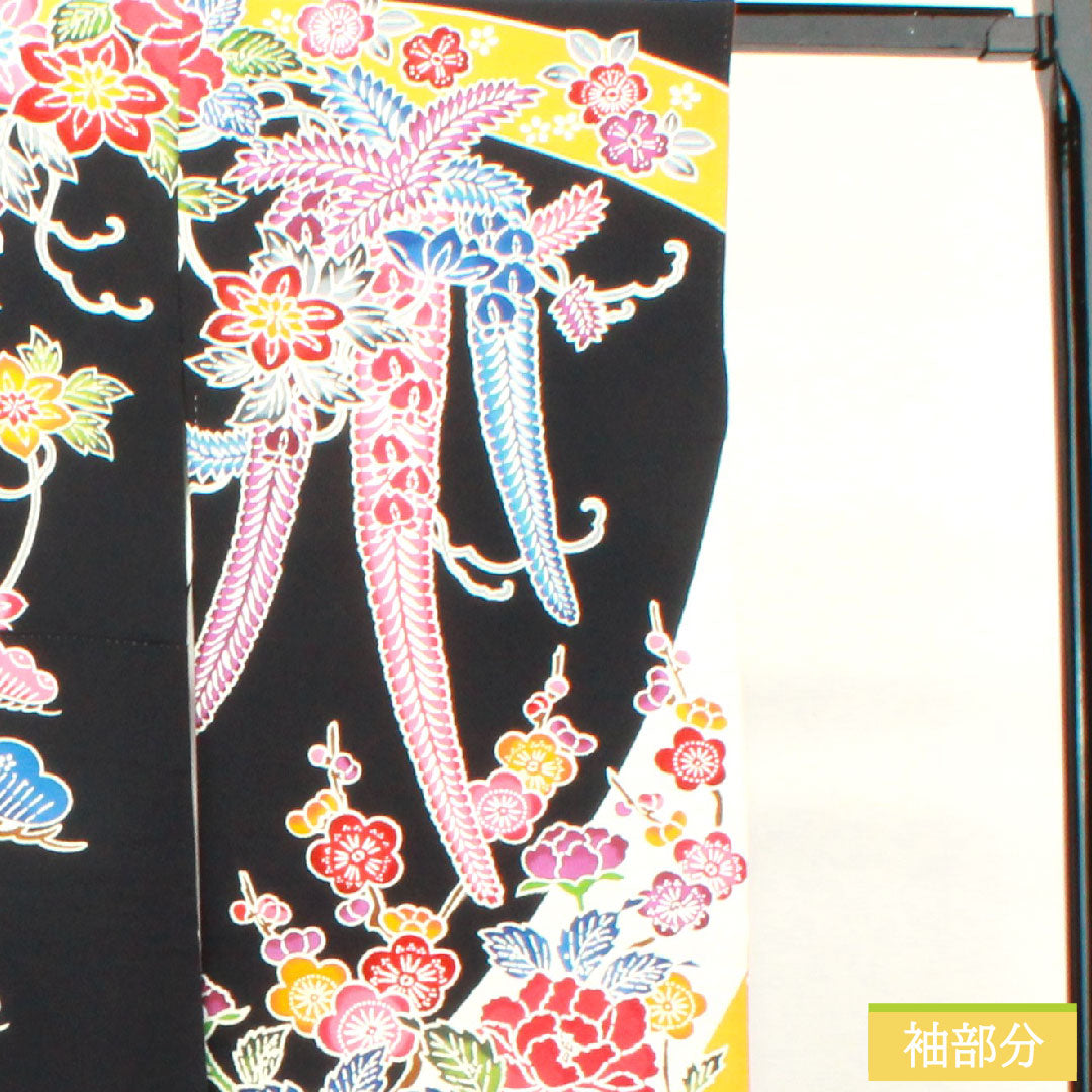 振袖 正絹 身丈157cm 裄丈63cm 袷 京紅型 草花模様 Sランク 黒系 1113001862310