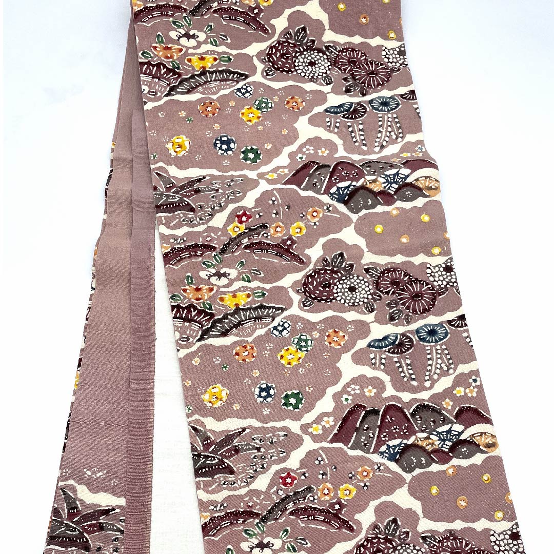 名古屋帯 紅鼠色 花柄 山 帯丈355cm 正絹 Bランク 三通 カジュアル ピンク系 1124004394313 開き仕立て