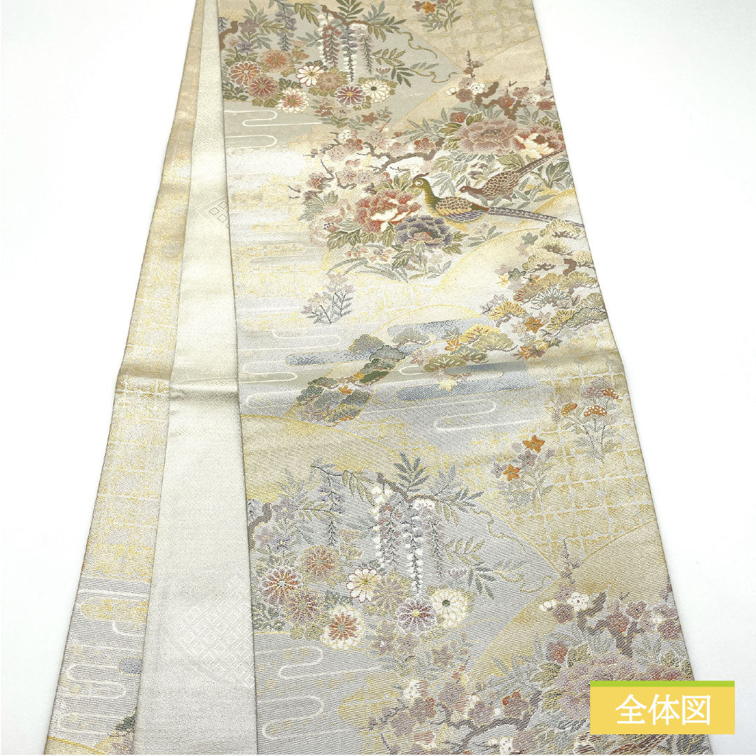 袋帯 正絹 Aランク 西陣織 扇面 吉祥文様 帯丈434cm 六通 フォーマル 銀系 1123016173322