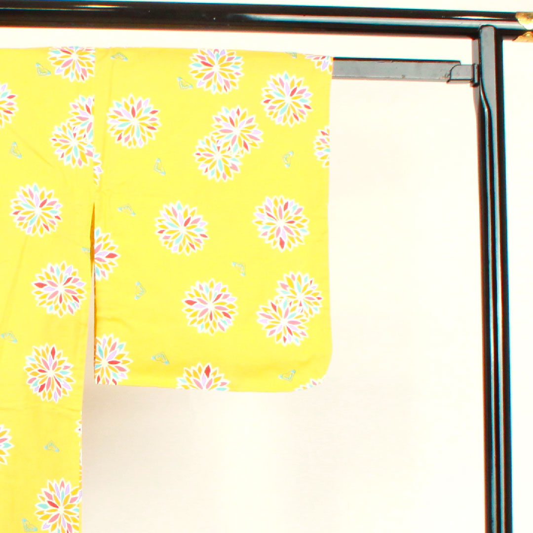 浴衣 支子色 抽象模様 木綿 Sランク 単衣 身丈160.5cm 裄丈64cm 黄系 1118001232423