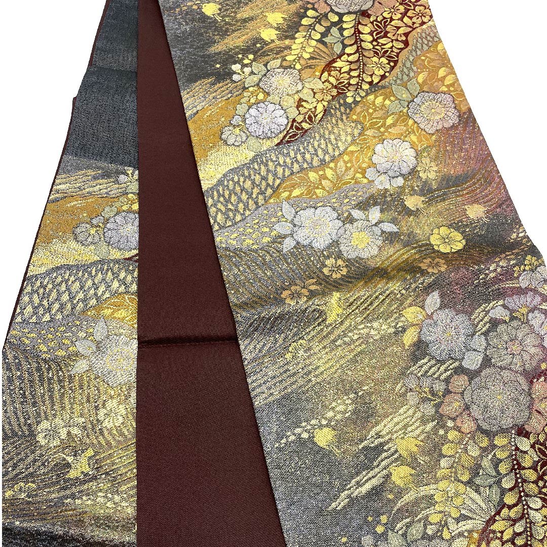 袋帯 熨斗目色(のしめいろ) 辻ヶ花 本金箔 プラチナ箔 帯丈424cm 正絹 Sランク 六通 フォーマル グレー系 1123005782322