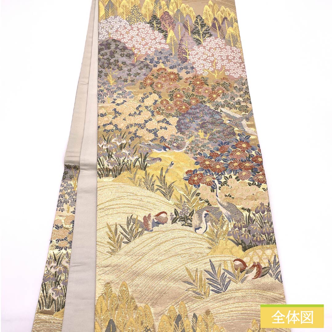 袋帯 正絹 金色(きんいろ) 鶴 鳳凰 鴛鴦 風景 帯丈432cm Sランク 六通 フォーマル 金系 1123012062321