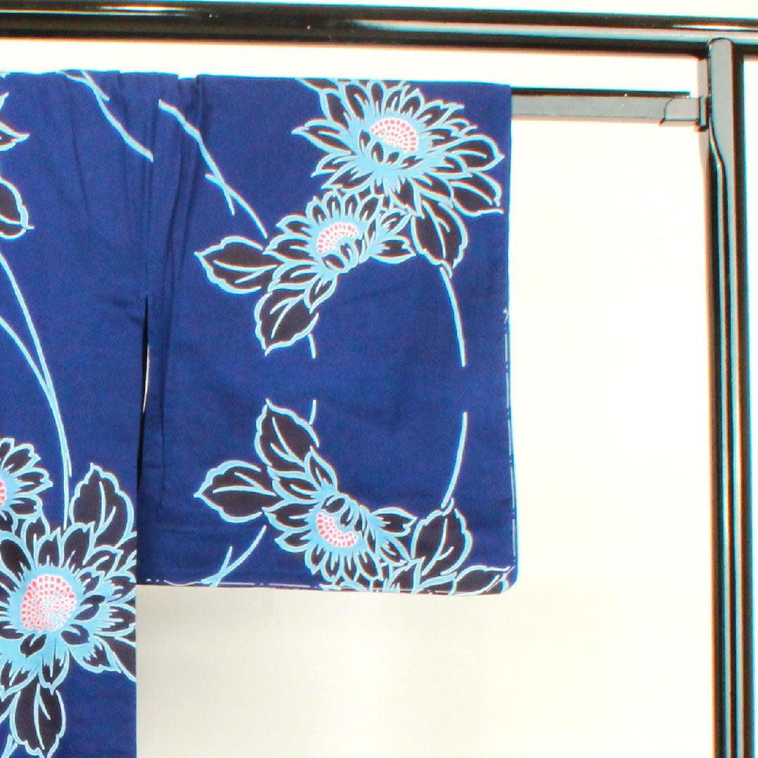 浴衣 しつけ糸付き 未使用品 濃紺色 向日葵 木綿 Sランク 単衣 身丈165cm 裄丈64.5cm 紺系 1118002752518